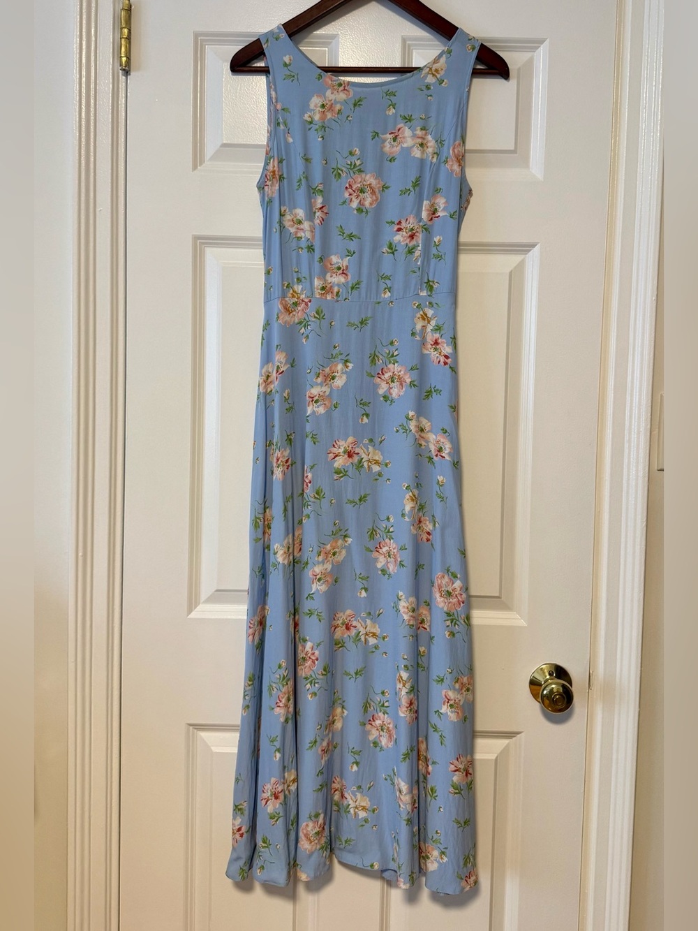 Laura Ashley Cornflower Sky Blue vintage dress floral 90s tie back maxi US 8